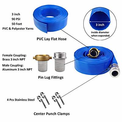 3 x 50' Blue PVC Backwash Hose for Swimming Pools, Heavy Duty Discharge Hose Reinforced Pool Drain Hose with Aluminum Camlock C and E Fittings
