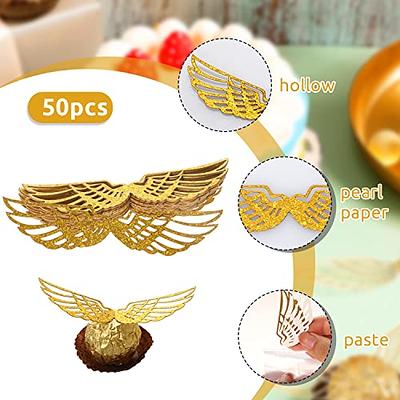 50Pcs Golden Snitch Wings Chocolate Decoration, Catcan Gold Hollowed Wings  Decor with Glue Point Dots, Glitter Wizard Party Decoration for