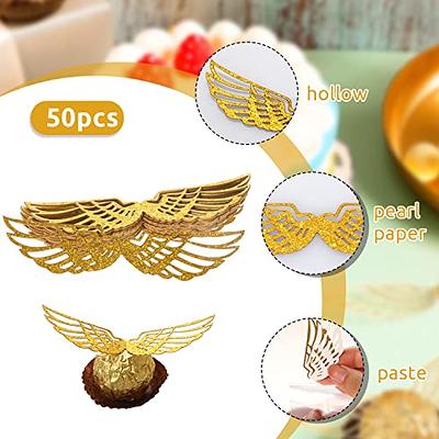 50PCS Wizard Party Chocolate Decoration Golden Snitch Wings Chocolate  Decoration, Snitch Wings Wafer Cupcake Toppers with 50pcs Glue Point, Wafer