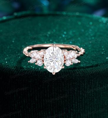 Oval Moissanite Engagement Ring Vintage Unique Cluster Rose Gold