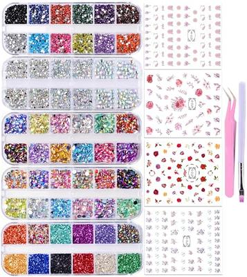 5 Boxes Colorful Nail Art Rhinestones Kit - Multicolor Nail Crystal Gems  Nail Diamonds Nail Horse Eye Rhinestones with Tweezers and Nail Art Brush  for