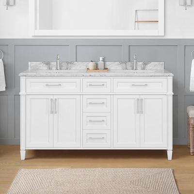 Home Decorators Collection Merryfield 37 in. W x 22 in. D x 35 in. H Single Sink Freestanding Bath Vanity in Dark Blue-Gray with Carrara Marble Top