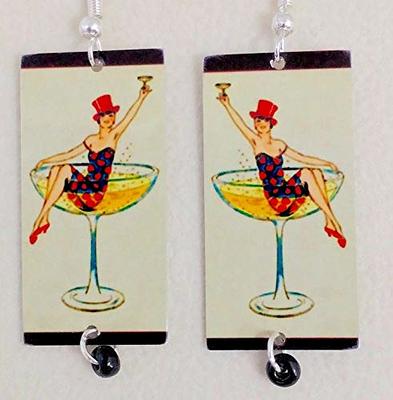 Martini Girl, Cocktail Earrings, Mixed Media, Metal and Glass, Fun