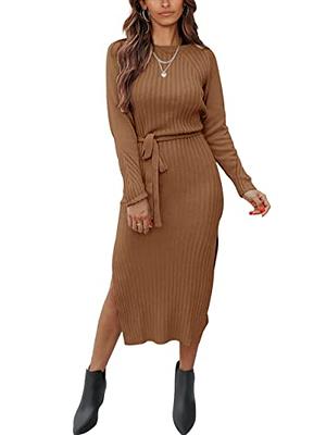ZESICA Women's Mock Neck Sweater Dresses Long Sleeve Side Slit Slim Fit  Fall Elegant Ribbed Knit Midi Dress,Apricot,Small at  Women's  Clothing store