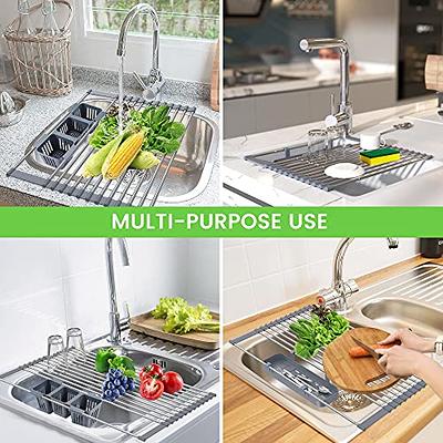 1PC Adjustable Stainless Steel Drainer Basket Over Sink Drain Tray Dish  Vegetable Fruit Drying Rack Kitchen Sink Organizer