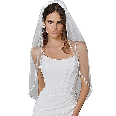 EllieHouse Womens Long Cathedral Length 1 Tier Pearl Ivory Wedding Bridal  Veil With Metal Comb HD34IV at  Women's Clothing store
