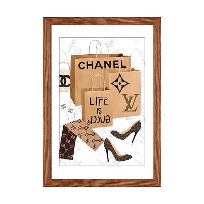 Framed Canvas Art (Champagne) - Designer Stiletto Nails Featuring Gucci, Louis Vuitton, Chanel, Fendi, and Hermes by Julie Schreiber ( Fashion > Fendi