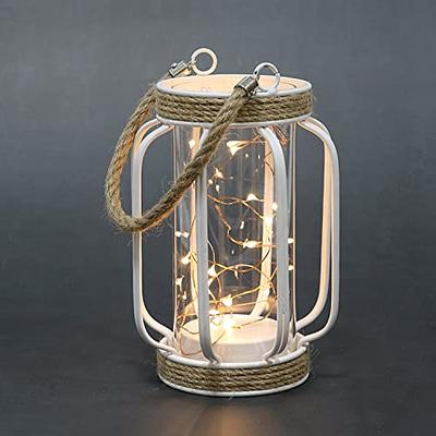 7.5 White Battery Operated Metal Cage Lantern with LED Fairy Lights,  Decorative Table Lamp with Timer Function for Indoor Use