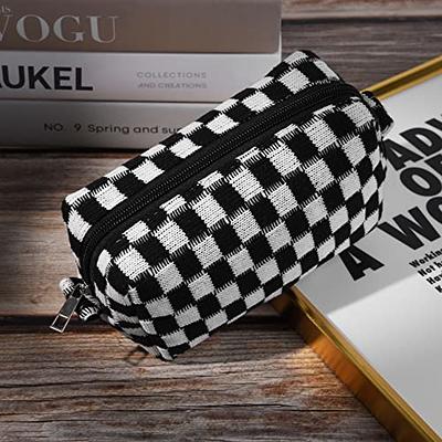 Checkered Makeup Bag, Brown 2Pcs Cosmetic Travel Bags, Portable