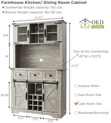 Okd Farmhouse Wood Bar Cabinet with Sliding Barn Door,Wine and Glass Rack, Drawers, Adjustable Shelves (Reclaimed Barnwood), Size: One size, Brown