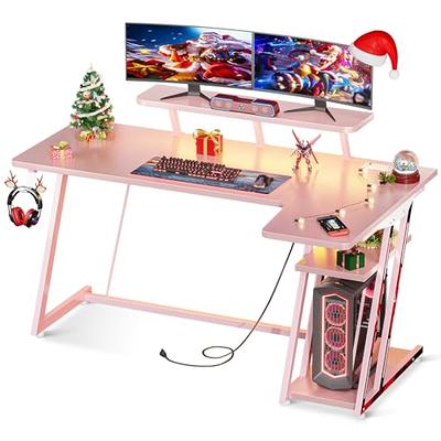 MOTPK Pink Gaming Desk L Shaped with LED Lights, Corner Gaming Computer Desk  55inch with Power Outlets, Gaming Table with PC Storage Shelf, Gamer Desk  with Monitor Shelf, Carbon Fiber Texture 