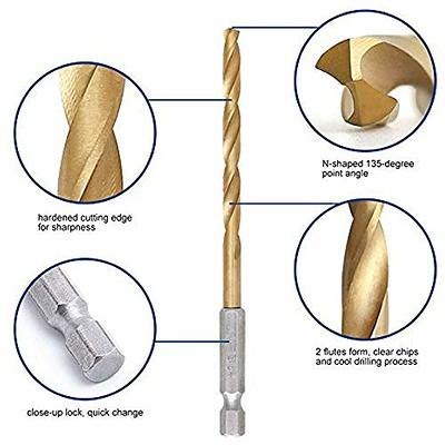 COMOWARE Titanium Twist Drill Bit Set - 13 Pcs Hex Shank High Speed Steel  for Wood Plastic Aluminum Alloy, Quick Change, 1/16-1/4