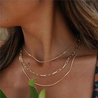 VIROMY Dainty Gold Layering Necklace Set for Women 14K Gold Plated Simple  Triple Three Layered Box Paper Clip Chain Necklaces Everyday Multi Strand