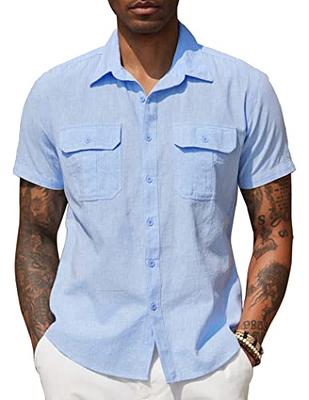 COOFANDY Men's Short Sleeve Linen Cotton Shirt Casual Chambray