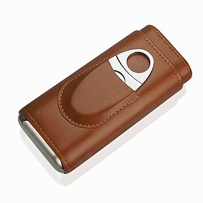 Oyydecor Cigar Case Cigar 3- Finger Carrying Case Set Cedar Wood Lined  Leather, Cigar Humidor with Silver Stainless Steel Cutter (Brown)