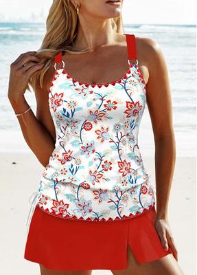 Floral Print Scoop Neck Tankini Top With White Skirt