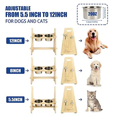 Adjustable Bamboo Elevated Pet Feeder, Large Raised Stainless Steel Food and Water Bowls for Dogs and Cats (3 inch, 8 inch, and 12 inch Heights)