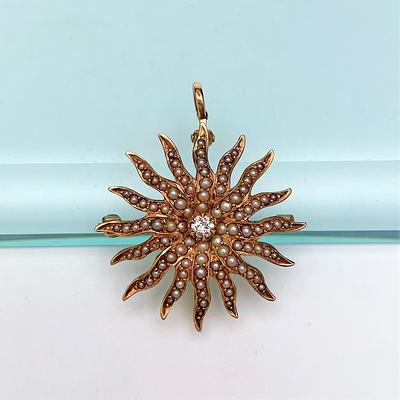 Antique 2ct Diamond Flower Brooch & Pendant in 14k Gold & Silver