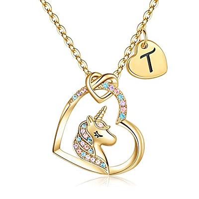 Poekio Unicorn Necklace for Girls 18K Gold Filled 925 Sterling Silver Necklaces Heart Pendant Necklace Initial Jewelry for Little Girls on