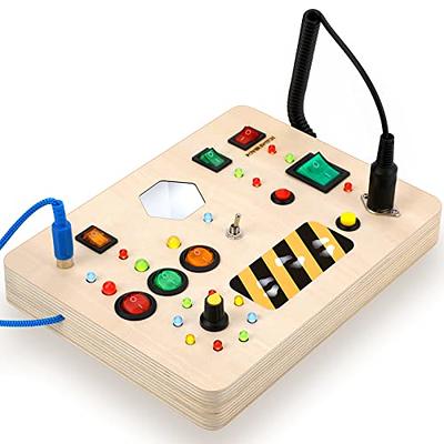 POLKRANE Toddler Montessori Travel Toys - Wooden Busy Board with LED  Light,Switch Toy for Baby Sensory
