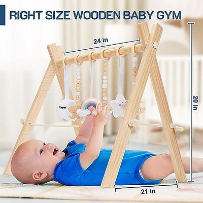 Wooden Baby Play Gym with Mat, Foldable Baby Play Gym Frame Activity Gym  Hanging Bar with 5 Gym Baby Toys Rainbow Playmats Gift for Newborn Baby