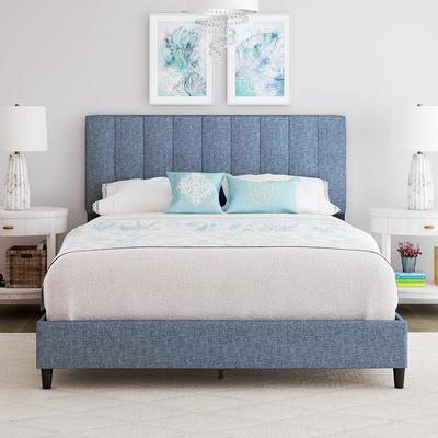 Restrite Lily Blue Linen Queen, Vivian Faux Leather White Queen Upholstered Platform Bed Frame