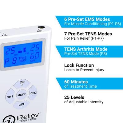 iReliev TENS + EMS Combination Unit Muscle Stimulator for Pain Relief &  Arthritis & Muscle Strength - Treats Tired and Sore Muscles in Your  Shoulders, Back, Ab's, Legs, Knee's and More - Yahoo Shopping