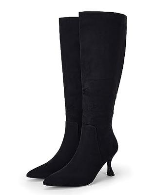 Putu Women's Pointed Toe Knee High Boots Faux Suede Stacked Chunky