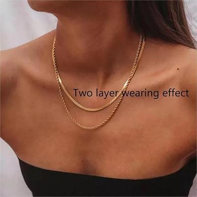 Dainty Gold Necklace for Women, 14K Gold Plated Herringbone Necklaces for  Women Trendy Simple Rope Wave Bead Cuban Link Snake Chain Necklace Gold