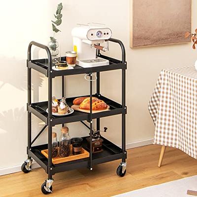 Himix Folding Service Cart Tool Carts with Wheels,3 Tier Utility Rolling  Cart,Collapsible Storage Cart, Holds 220lbs Plastic Push Cart for Home  Garage