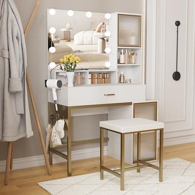 ARTETHYS Small Vanity Desk Set with 3 Adjustable Lighted Mirror and Storage  Chair, White Dressing Table