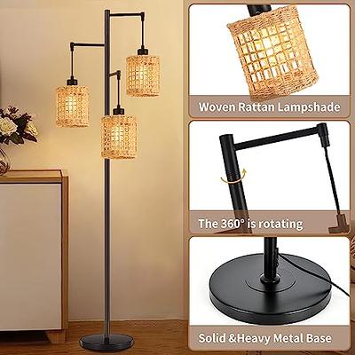 Arc Floor Lamp with Remote Control, Boho Rattan Floor Lamps, Dimmable  Farmhouse