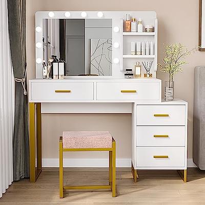 Vanity Desk with LED Lighted Mirror, Makeup Desk with 5 Storage Drawers & 6  Shelves, Vanity Table with Charging Station, Modern Dressing Table with 3