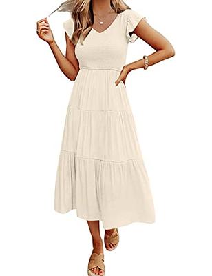 MEROKEETY Women's Flutter Short Sleeve Smocked Midi Dress Summer Casual  Tiered A-Line Dress