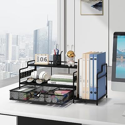  bukfen Office Desk Organizer with Upright File Holder, 2-Tier  Office Desktop Organizer Shelf and one Sliding Drawer, Desk File Organizer  and Storage Multi-Functional for Office, School, Home,Black : Office  Products