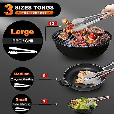 Stainless Steel Utility Food Tongs Set Kitchen Metal Tongs for Cooking  Grilling Barbecue BBQ and Serving Salad (9 Inch 3 Pieces) 