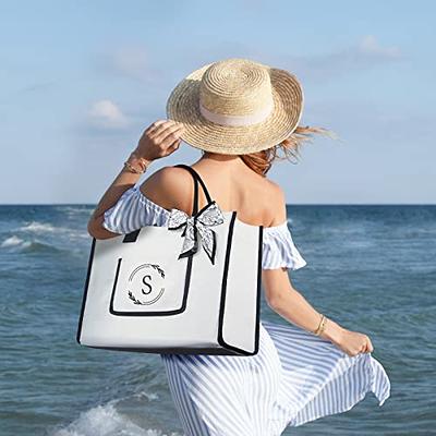 AUNOOL Initial Canvas Beach Tote Bag for Women Large Travel Beach