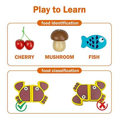 Wooden Play Food Sets for Kids Kitchen Accessories Cutting Montessori Toy  for Toddlers 1-3, Learning Educational Toys for 1 2 3 Year Old Boys Girls 