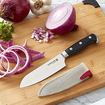 Sabatier Forged Triple-Rivet Santoku Knife with Self-Sharpening Blade  Cover, High-Carbon Stainless Steel Knife, Razor-Sharp Kitchen Knife to Cut  Fruit, Vegetables and more- 5-Inch, Black - Yahoo Shopping