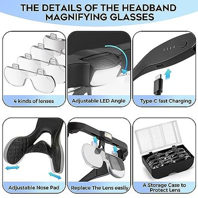 Rechargeable Magnifying Glasses, Head Magnifier Glasses with 2 LED Lights  and Detachable Lenses 1.5X, 2.5