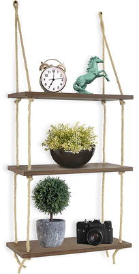 Swing Rope Wall Hanging Shelves Wood Kitchen Shelf 3 Tiers Rustic Storage  Rack