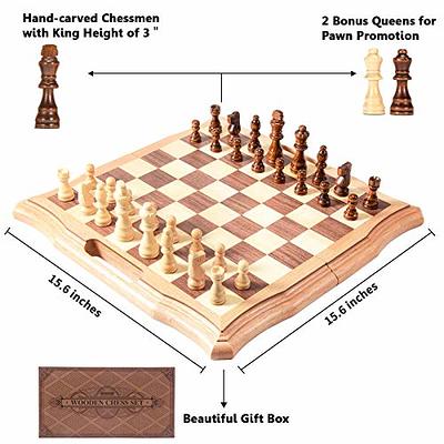 AMEROUS Magnetic Wooden Chess and Checkers Game Set, 15 Inches (2 in 1)  Chess Board Games, 2 Extra Queens - Gift Package - Game Pieces Storage  Slots