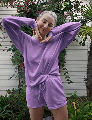 Ekouaer Womens Pajama Sets Waffle Knit Long Sleeve V Neck Off Shoulder Top  and Shorts Lounge Pajama Set For Women Soft Comfy Waffle Knit Pj Sets  Sleepwear Sets Purple,X-Large - Yahoo Shopping