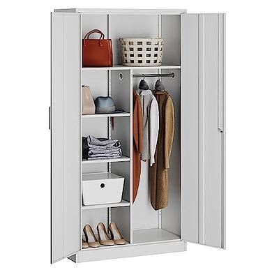 MIIIKO Metal Wardrobe Cabinet with Locking Doors, Metal Storage Armoire  Closet for Clothing, 2 Door Woodgrain Locker Cabinet with Adjustable  Shelves