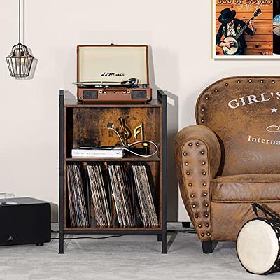 LELELINKY Record Player Stand,Vinyl Record Storage Table with 4 Cabinet Up  to 100 Albums,Mid-Century Turntable Stand with Wood Legs,Brown Vinyl Holder