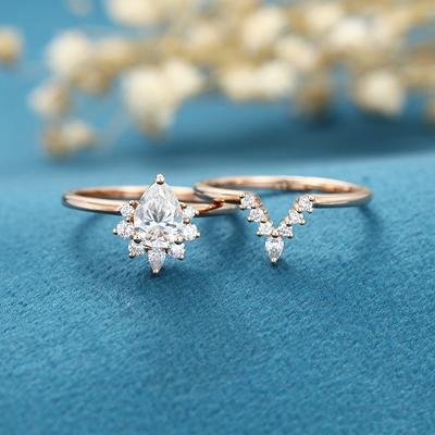 Pear Shaped Engagement Ring Rose Gold Gold Moissanite Engagement Ring  Vintage Bridal Set Halo Art Deco Wedding Anniversary Gift Diamond - Yahoo  Shopping