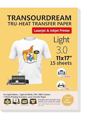 TransOurDream Iron on Heat Transfer Paper for T Shirts (Light 3.0, 15  Sheets 8.5x11) Printable HTV Heat Transfer Vinyl for Inkjet & Laser  Printer