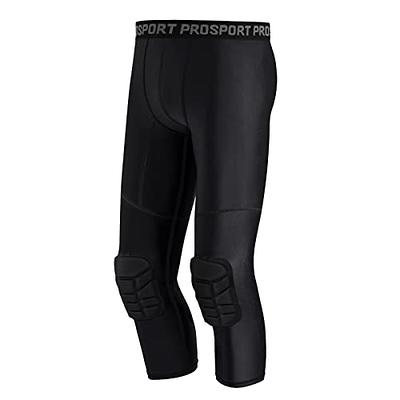 Basketball Pants with Knee Pads, Black/White Knee Pads Compression Pants,  3/4 Capri Leggings 