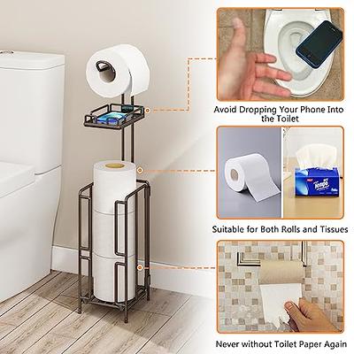 Toilet Paper Holder Stand, Bathroom Toilet Tissue Paper Roll Storage Holder  with Shelf and Reserve for Bathroom Storage Holds Wipe, Toilet paper holder  with shelves,Mobile Phone, Mega Rolls, Black
