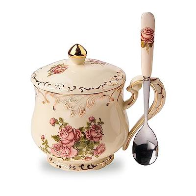 YOLIFE Flower Ceramic Coffee Mug Tea Cup with Lid and Spoon 12 oz, Gift for  Women Tea Enthusiasts (Pink Rose) - Yahoo Shopping